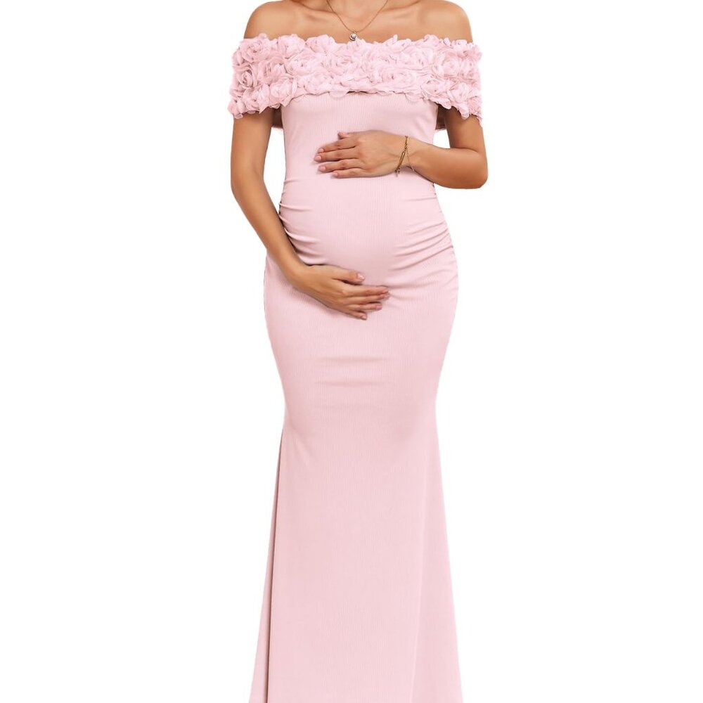 Off-Shoulder Floral Appliqué Maternity Maxi Dress Ribbed Bodycon Mermaid Hem